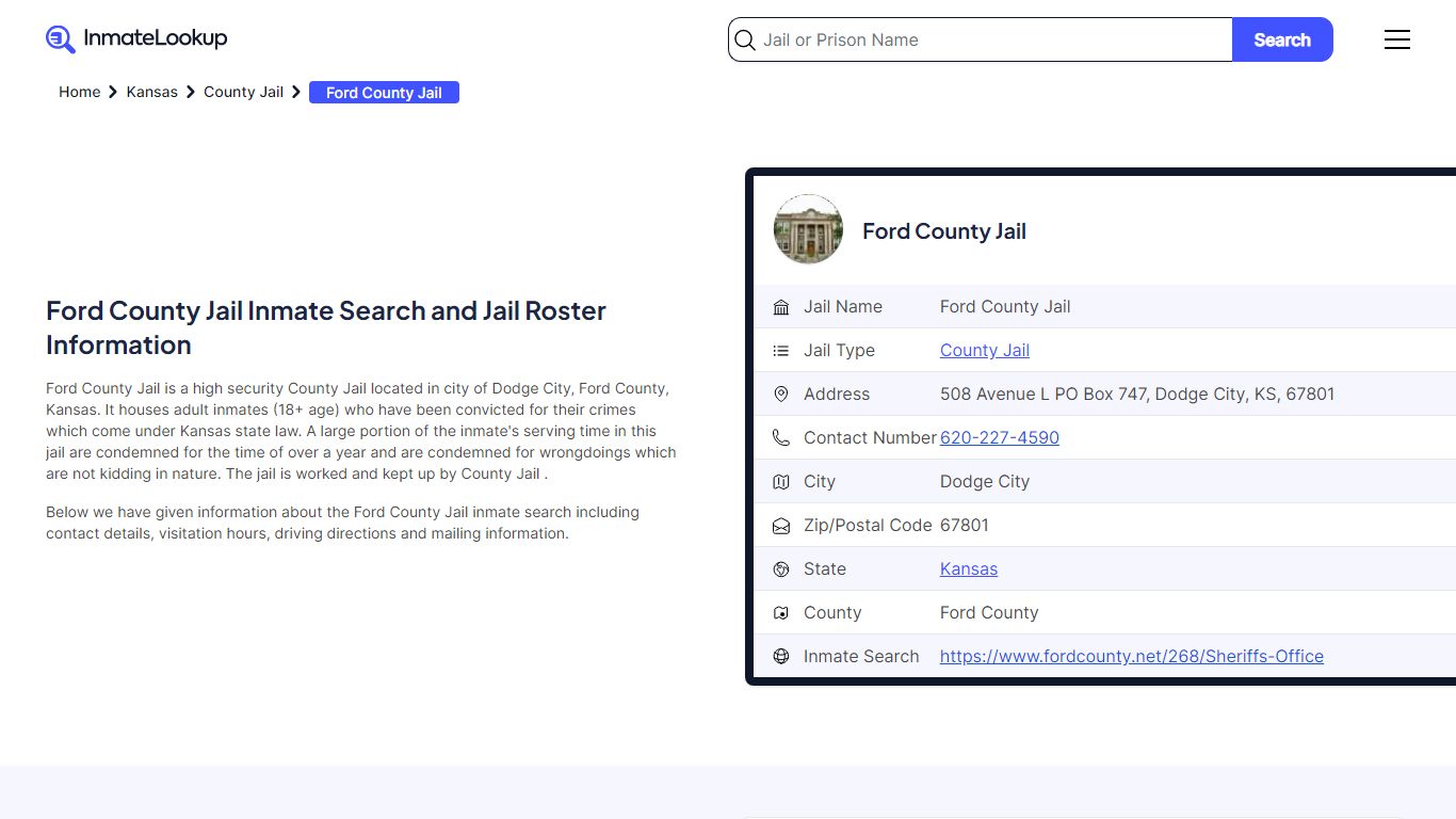 Ford County Jail Inmate Search - Dodge City Kansas - Inmate Lookup